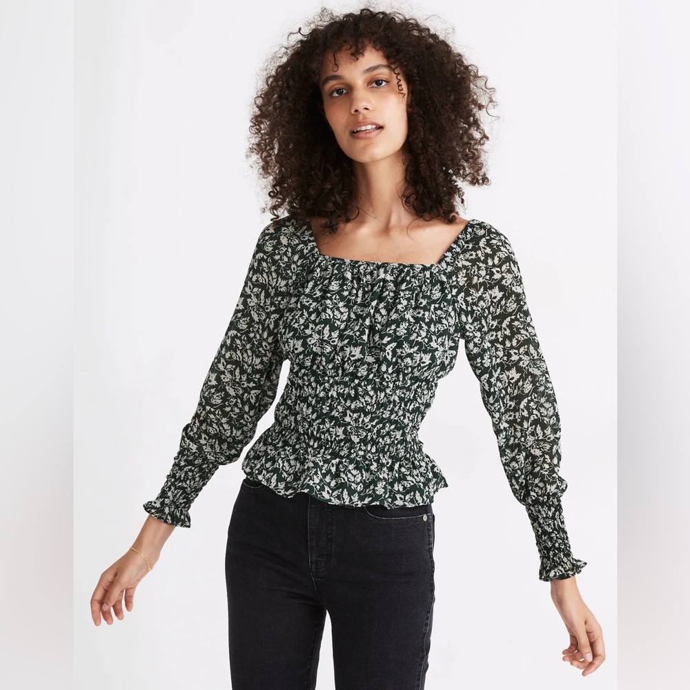 Madewell Georgette Square-Neck Smock-Waist Top in Forest Leaves